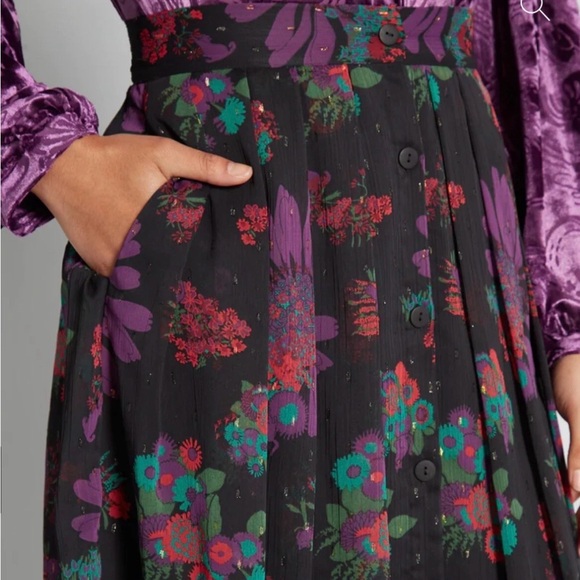 Modcloth Meow Bouquet Pleated Chiffon Midi Skirt Black Floral Button Front 18W - Picture 3 of 13